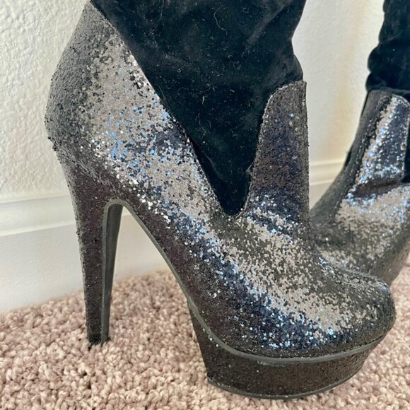 Michael Antonio knee Boots glitter faux suede Sz 5.5  Heels Baddie - Picture 6 of 12